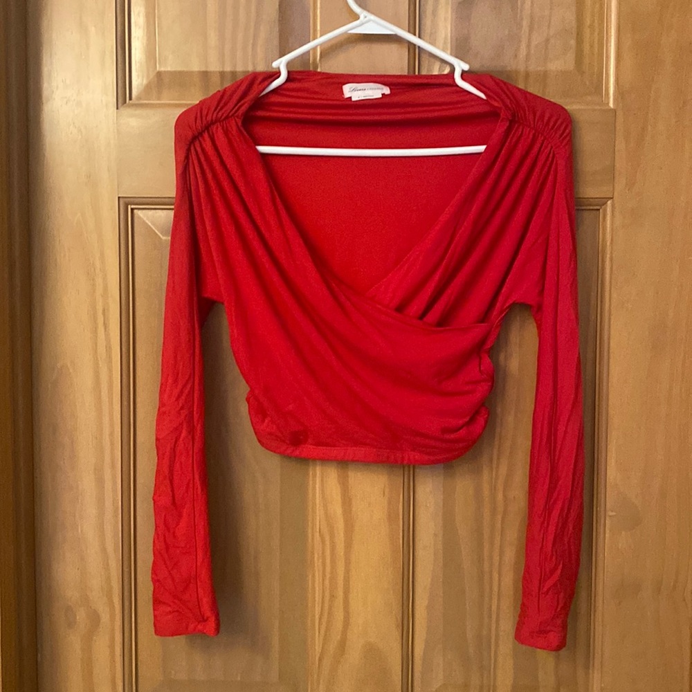 Lovers + Friends red sexy plunging neckline cropped long sleeved top, size M